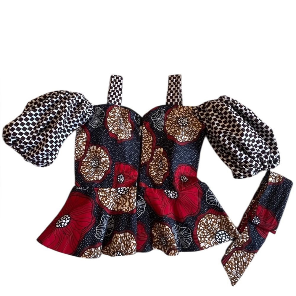 Homemade Custom Off Shoulder Top - Red & Black Cinch Waist‎ Puff Sleeves